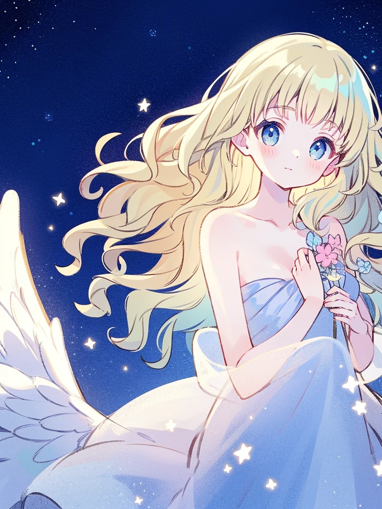 nude angel girl wearing an ethereal translucent dress, pale skin, ((blue mint wavy hair)), white feathers, angel wings, sparkling detailed eyes, golden ratio face, perfect composition, highly detailed, ethereal, (starry night sky background), midjourney style