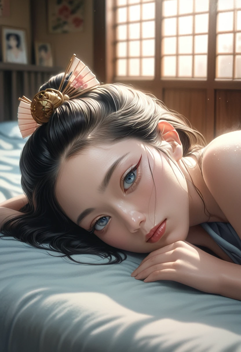 a beautiful detailed 15 year old japanese geisha girl, detailed facial features, beautiful eyes, intricate kimono, in a steamy bathhouse, laying on a bed, soft lighting, anime art style, pastel colors, delicate, dreamlike, (best quality,8k,highres,masterpiece:1.2),ultra-detailed,(realistic,photorealistic,photo-realistic:1.37)