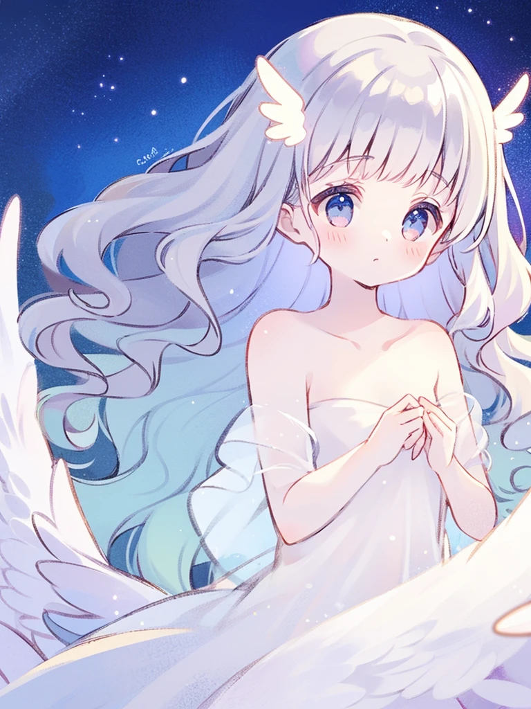 nude angel girl wearing an ethereal translucent dress, pale skin, ((blue mint wavy hair)), white feathers, angel wings, perfect composition, highly detailed, ethereal, (starry night sky background), midjourney style