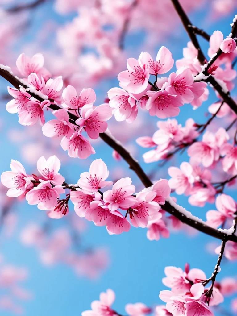 a close up of a branch with pink flowers covered in snow, a photorealistic painting by Wen Boren, trending on pixabay, digital art, flower blossoms, sakura flowers, cherry blossom, flowers and blossoms, blossom sakura, sakura flower, cherry blossoms, plum blossom, sakura bloomimg, blooming flowers, blossoming, magical flowers, blossoms