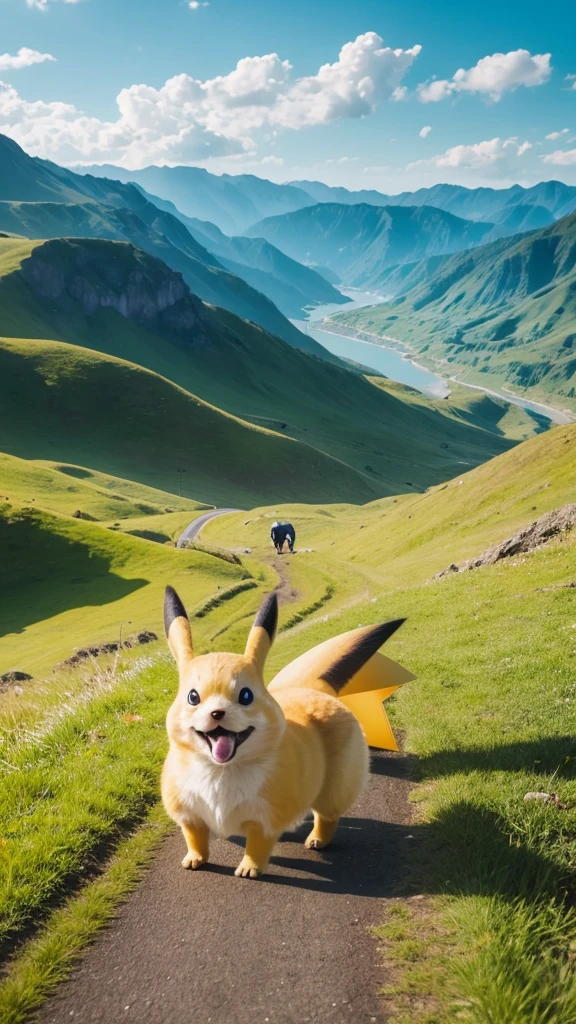 anime, Cinematography, Pikachu,Walking on four legs,The expression is full of confidence,The jagged tail points upwards,The background is a single road in the grassland,Spectacular views,Overlooking, from the front