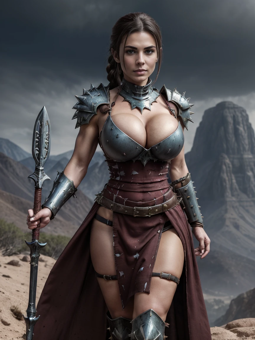 (masterpiece, top quality, best quality, official art, beautiful and aesthetic:1.2), (1girl:1.3), ((Sharp facial features, sharp features, hawkish features)), ((pale skin, orange eyes, big hair, long black hair, ponytail)), big tiddy chaos warrior girl, extremely detailed, portrait, looking at viewer, solo, (full body:0.6), detailed background, full-body shot, (hot desert mountain theme:1.1), chaos warrior, (spiky helmet), charlatan, smirk, mysterious, swaying in mountains, armor, red metal, brass trim, long boots, blood red fabric, pelvic curtain, loincloth, black leather, ((((spear, heavy armor, blood, blood splatter, armored, gigantic breasts, long legs, pelvic curtain, toned, muscular)))), cute belly button, toned tummy, slim waist, slim hips, long legs, medieval (mountain exterior:1.1) background, dark mysterious lighting, shadows, magical atmosphere, dutch angle