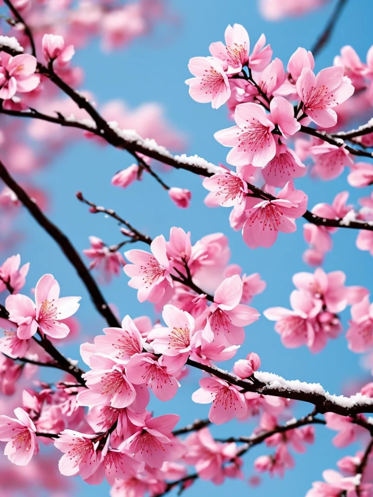 a close up of a branch with pink flowers covered in snow, a photorealistic painting by Wen Boren, trending on pixabay, digital art, flower blossoms, sakura flowers, cherry blossom, flowers and blossoms, blossom sakura, sakura flower, cherry blossoms, plum blossom, sakura bloomimg, blooming flowers, blossoming, magical flowers, blossoms