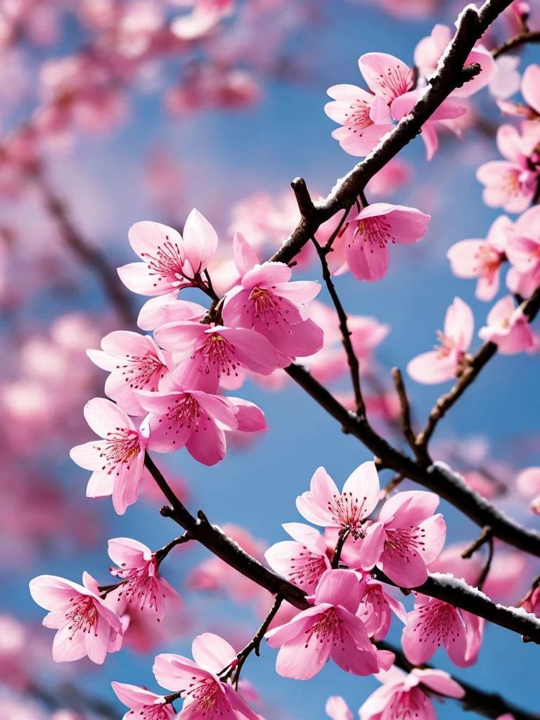 a close up of a branch with pink flowers covered in snow, a photorealistic painting by Wen Boren, trending on pixabay, digital art, flower blossoms, sakura flowers, cherry blossom, flowers and blossoms, blossom sakura, sakura flower, cherry blossoms, plum blossom, sakura bloomimg, blooming flowers, blossoming, magical flowers, blossoms