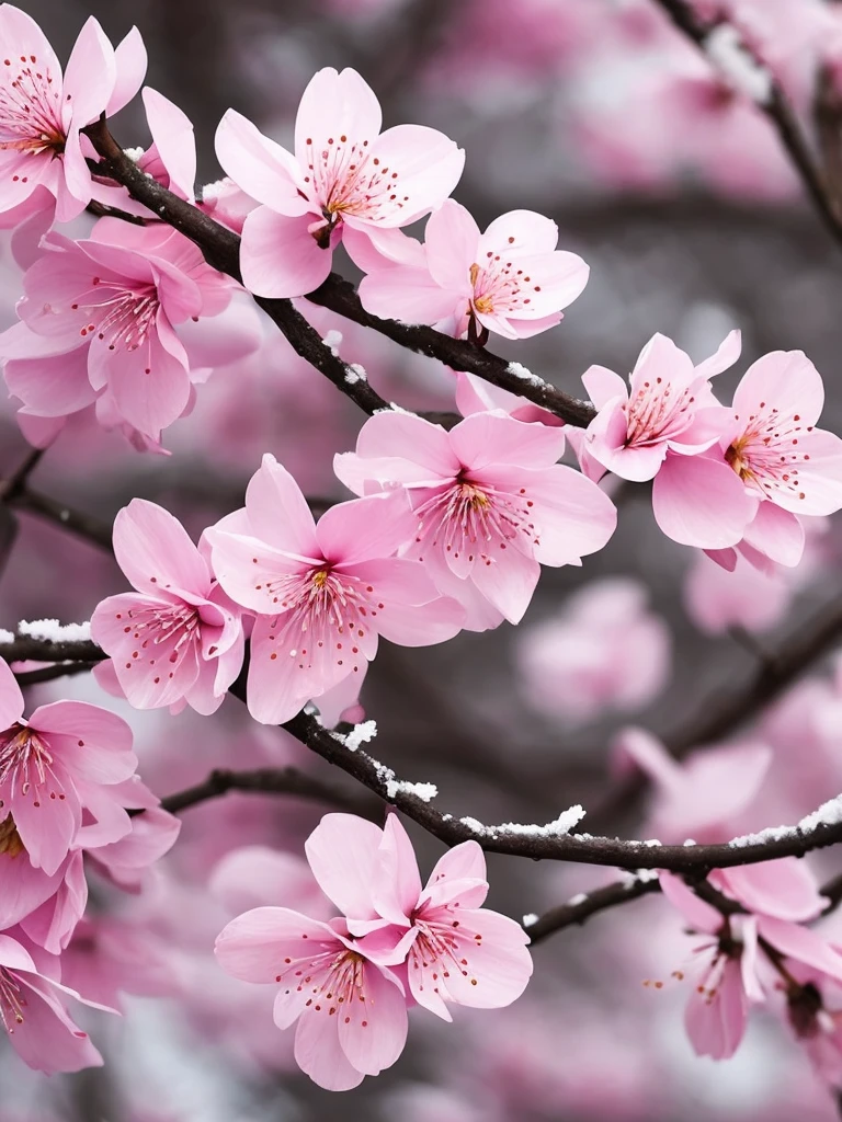a close up of a branch with pink flowers covered in snow, a photorealistic painting by Wen Boren, trending on pixabay, digital art, flower blossoms, sakura flowers, cherry blossom, flowers and blossoms, blossom sakura, sakura flower, cherry blossoms, plum blossom, sakura bloomimg, blooming flowers, blossoming, magical flowers, blossoms