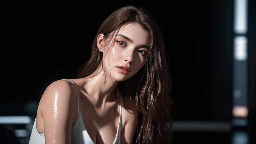 Photo of a 25 year old European girl, RAW, beautiful woman, half-parted strawberry lips, dimples, pensive look, (extremely long wavy brown hair), ((detailed face)), ((detailed facial features) ), (finely detailed skin), pale skin, (high-tech cyberpunk outfit with plunging neckline), cyberpunk megalopolis environment, (cool colors ), wet, wet, reflective, (masterpiece) (perfect proportions)(realistic photo)(best quality) (details) taken on Canon EOS R5, 50mm lens, F/2.8 , HDR, (8k) (wallpaper) (cinematic lighting) (dramatic lighting) (sharp focus) (complex), RAW photo, gigachad photo, camera pose, 8k uhd, dslr, High quality, grain film, Fujifilm XT3