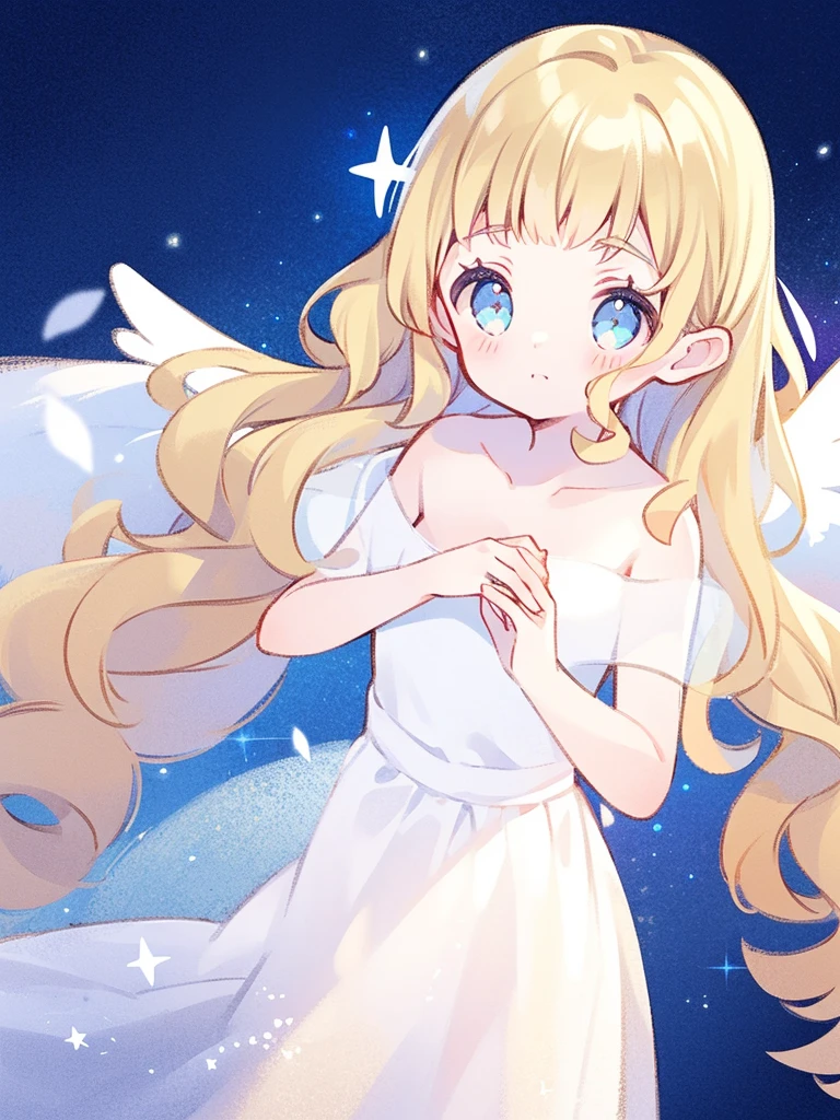 nude angel girl wearing an ethereal translucent dress, pale skin, ((blue mint wavy hair)), white feathers, angel wings, sparkling detailed eyes, golden ratio face, perfect composition, highly detailed, ethereal, (starry night sky background), midjourney style