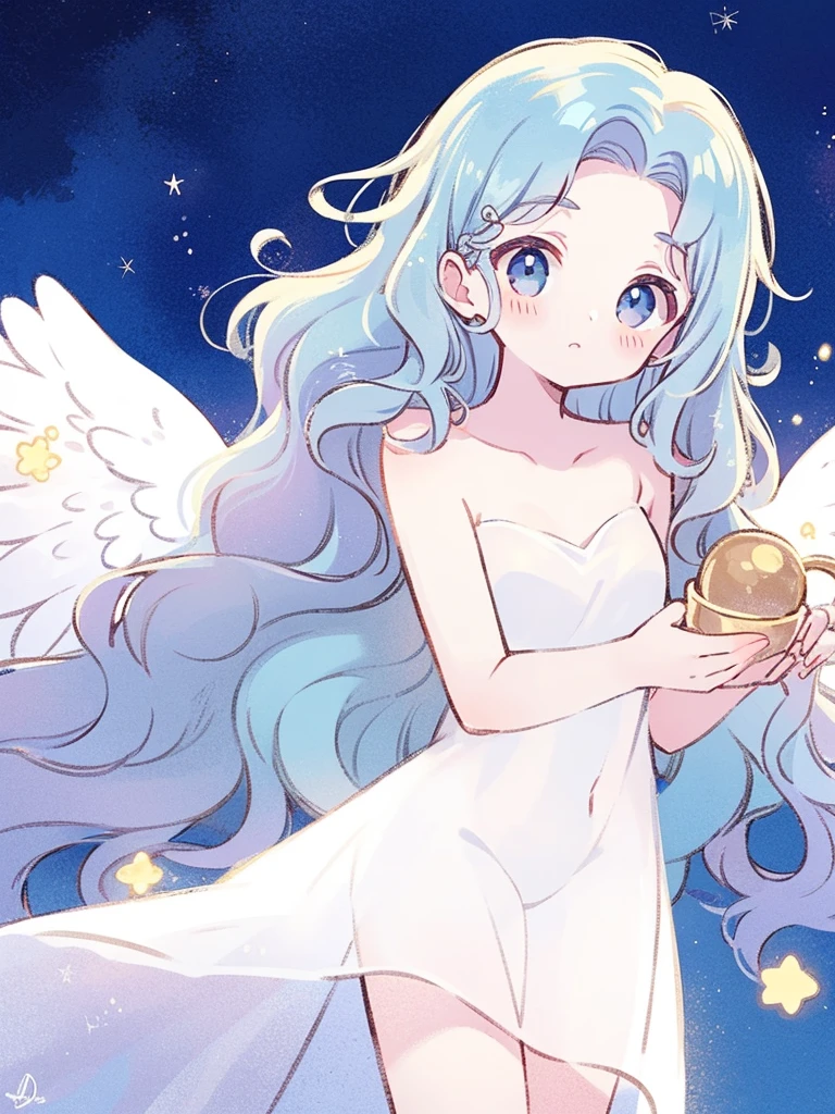 nude angel girl wearing an ethereal translucent dress, pale skin, ((blue mint wavy hair)), white feathers, angel wings, sparkling detailed eyes, golden ratio face, perfect composition, highly detailed, ethereal, (starry night sky background), midjourney style
