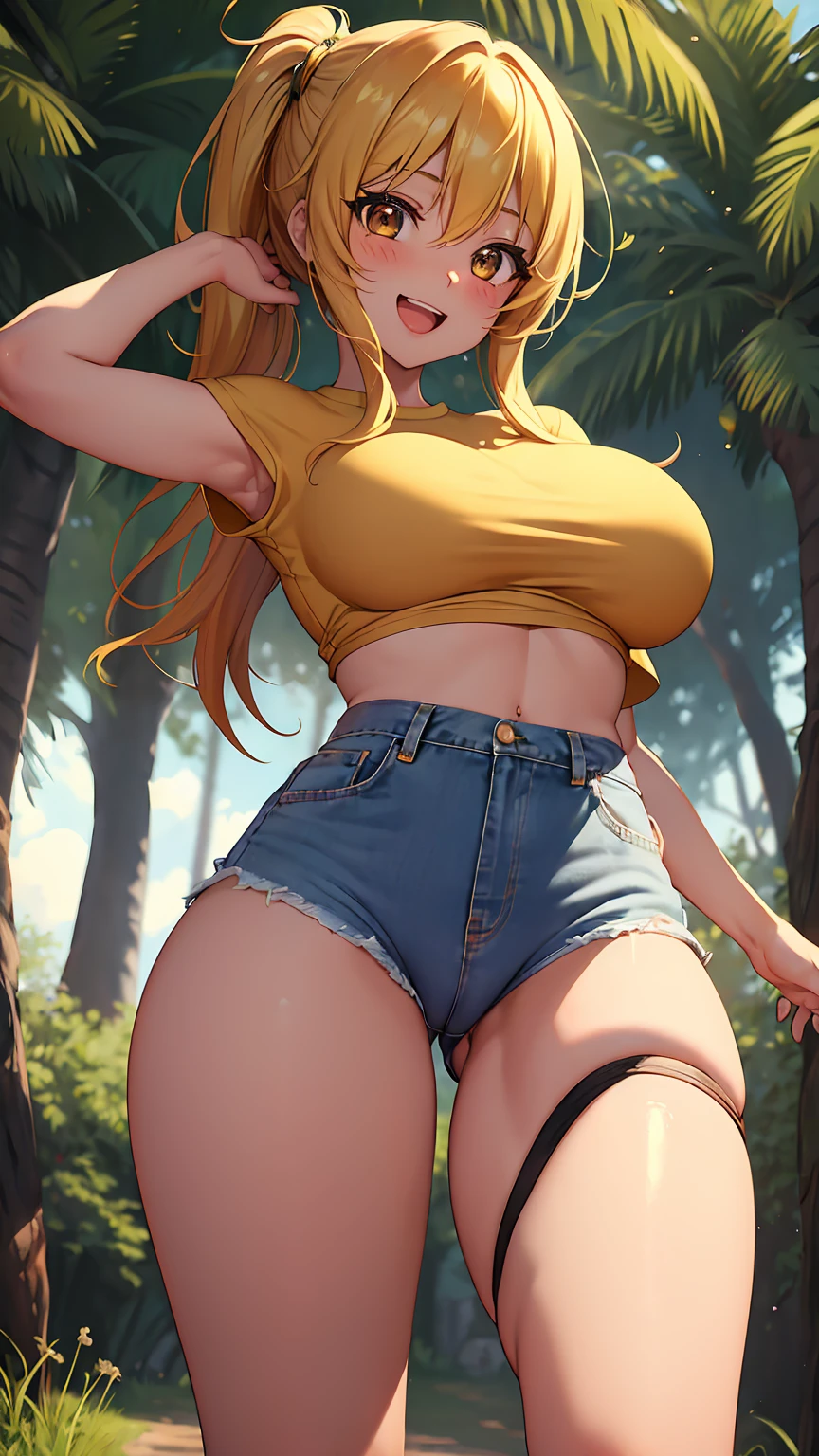 1girl, anime girl, anime, (dark skin), 2d girl, 16y, (fullbody), standing, anime girl, blush, golden eyes, (small heart on her eyes), (seductive open mouth smile), (golden hair), shirt, Solo, Slim, large breasts, big , big Breasts, Tight Shorts, low waist shorts, camping in the forest, 2 people in the background, dynamic pose, V, looking at viewer, darker shadows, (((explicit))), (((shorts))), (((absurdres))), (((thigh gap))), (((cameltoe))), (((cleft of venus))), (((lowleg shorts))),