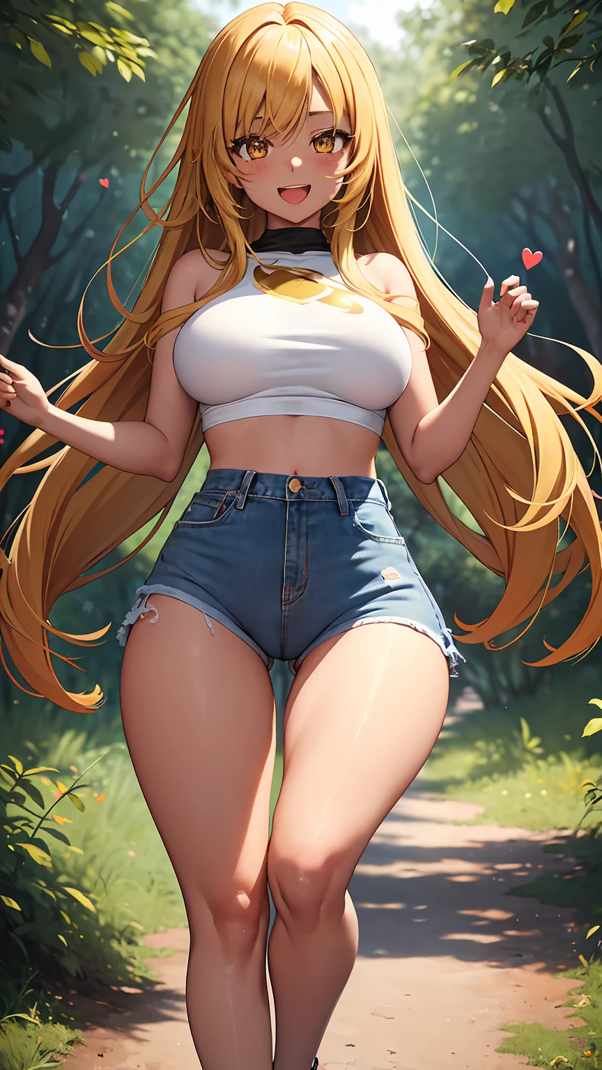 1girl, anime girl, anime, (dark skin), 2d girl, 16y, (fullbody), standing, anime girl, blush, golden eyes, (small heart on her eyes), (seductive open mouth smile), (golden hair), shirt, Solo, Slim, large breasts, big , big Breasts, Tight Shorts, low waist shorts, camping in the forest, 2 people in the background, dynamic pose, V, looking at viewer, darker shadows, (((explicit))), (((shorts))), (((absurdres))), (((thigh gap))), (((cameltoe))), (((cleft of venus))), (((lowleg shorts))),