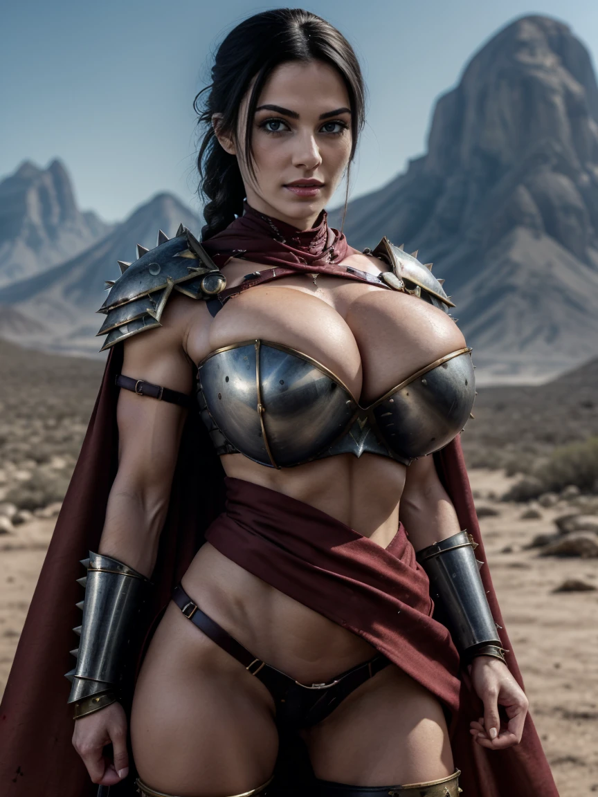 (masterpiece, top quality, best quality, official art, beautiful and aesthetic:1.2), (1girl:1.3), ((Sharp facial features, sharp features, hawkish features)), ((pale skin, orange eyes, big hair, long black hair, ponytail)), big tiddy chaos warrior girl, extremely detailed, portrait, looking at viewer, solo, (full body:0.6), detailed background, full-body shot, (hot desert mountain theme:1.1), chaos warrior, (spiky helmet), charlatan, smirk, mysterious, swaying in mountains, armor, red metal, brass trim, long boots, blood red fabric, pelvic curtain, loincloth, black leather, ((((spear, heavy armor, blood, blood splatter, armored, gigantic breasts, long legs, pelvic curtain, toned, muscular)))), cute belly button, toned tummy, slim waist, slim hips, long legs, medieval (mountain exterior:1.1) background, dark mysterious lighting, shadows, magical atmosphere, dutch angle