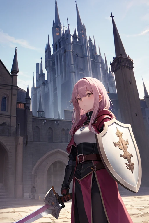 anime girl in dark pink armor with a sword and shield being 20 years old in a medieval landscape with the shield raised and a castle in the distance and a dragon breathing fire and a knight at the castle entrance