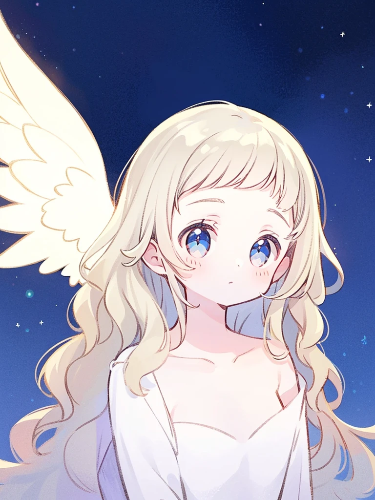 nude angel girl wearing an ethereal translucent dress, pale skin, ((wavy white hair)), white feathers, angel wings, sparkling detailed eyes, golden ratio face, perfect composition, highly detailed, ethereal, (starry night sky background), midjourney style