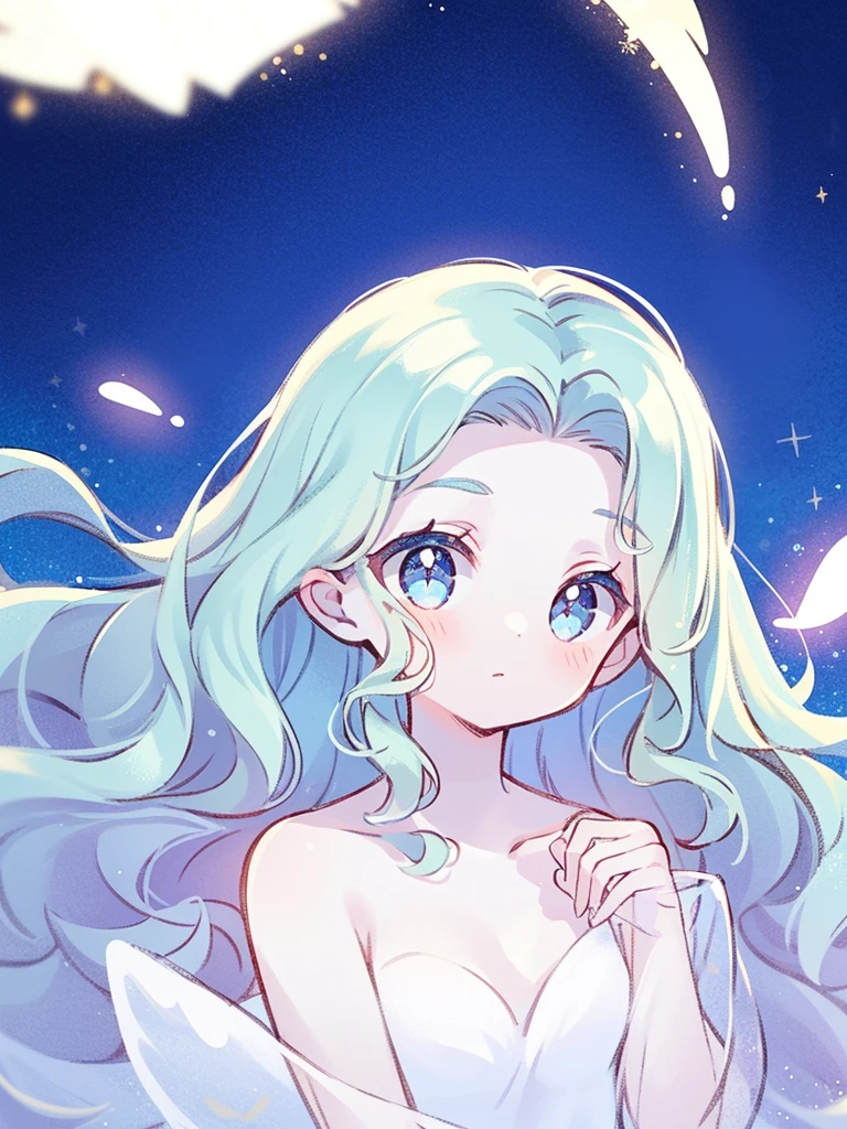 nude angel girl wearing an ethereal translucent dress, pale skin, ((blue mint wavy hair)), white feathers, angel wings, sparkling detailed eyes, golden ratio face, perfect composition, highly detailed, ethereal, (starry night sky background), midjourney style