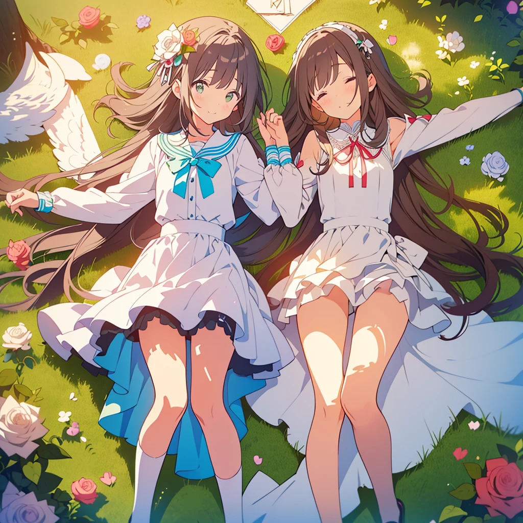 kawaii, anime, Cute, hyper quality, highly detailed, 8k, Front facing, Clarity, dark brown long hair, smile, green eyes, white rose, Set in Alice's Wonderland, planted white roses, white rose petals are dancing, Draw facial expressions in detail, striped overknee socks, Alice's maid costume with big ribbon, pocket watch, playing cards, clock, fairy tale, fantasy, shine of light, close both eyes, close your eyes and smile, The bodies of the two sisters dance, Gradation of evening and night sky, full moon and crescent moon, whole body, Twisted trees of different sizes, twisted ivy, Both sisters have long dark brown hair., white roses bloom, white rose petals, small angel wings on the back, Tightened by thick rose vines, The sky dyed in twilight, fairy tale accessories, ribbon headband, undulating rose vine,