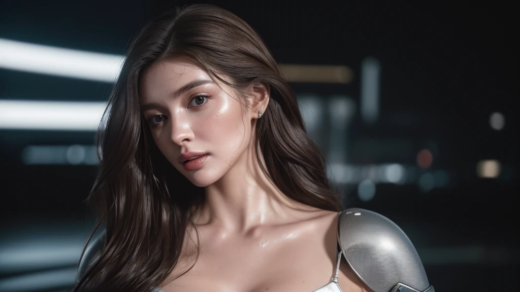 Photo of a 25 year old European girl, RAW, beautiful woman, half-parted strawberry lips, dimples, pensive look, (extremely long wavy brown hair), ((detailed face)), ((detailed facial features) ), (finely detailed skin), pale skin, (high-tech cyberpunk outfit with plunging neckline), cyberpunk megalopolis environment, (cool colors ), wet, wet, reflective, (masterpiece) (perfect proportions)(realistic photo)(best quality) (details) taken on Canon EOS R5, 50mm lens, F/2.8 , HDR, (8k) (wallpaper) (cinematic lighting) (dramatic lighting) (sharp focus) (complex), RAW photo, gigachad photo, camera pose, 8k uhd, dslr, High quality, grain film, Fujifilm XT3