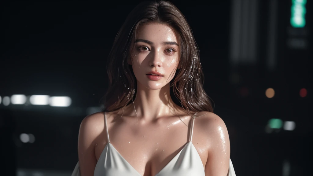 Photo of a 25 year old European girl, RAW, beautiful woman, half-parted strawberry lips, dimples, pensive look, (extremely long wavy brown hair), ((detailed face)), ((detailed facial features) ), (finely detailed skin), pale skin, (high-tech cyberpunk outfit with plunging neckline), cyberpunk megalopolis environment, (cool colors ), wet, wet, reflective, (masterpiece) (perfect proportions)(realistic photo)(best quality) (details) taken on Canon EOS R5, 50mm lens, F/2.8 , HDR, (8k) (wallpaper) (cinematic lighting) (dramatic lighting) (sharp focus) (complex), RAW photo, gigachad photo, camera pose, 8k uhd, dslr, High quality, grain film, Fujifilm XT3