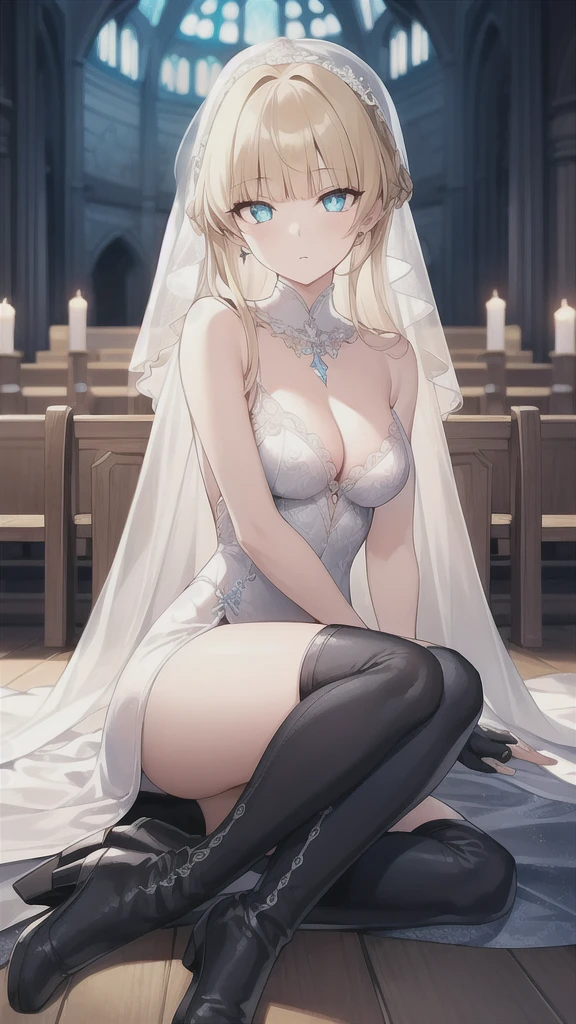 A girl,,Long hair, Bangs, blond hair, Hair between the eyes, blue eyes:(1.5), (Medium breasts:1.2),
rest 锁骨, Wedding dress,veil,wedding,Black dress,Flowers,dress,Black socks,Black knee socks,Black gloves,Long boots,Cleavage,
Looking at the audience, whole body, Open your mouth,lol,
indoors, church,permanent,permanent,微lol,With one eye closed,
rest (masterpiece:1.2), best quality, high resolution, 8k wallpaper, (illustration:0.8), (Beautiful and delicate eyes:1.6), Extremely detailed face, Perfect lighting, Extremely detailed CG, (Perfect hands, Perfect anatomical structure),