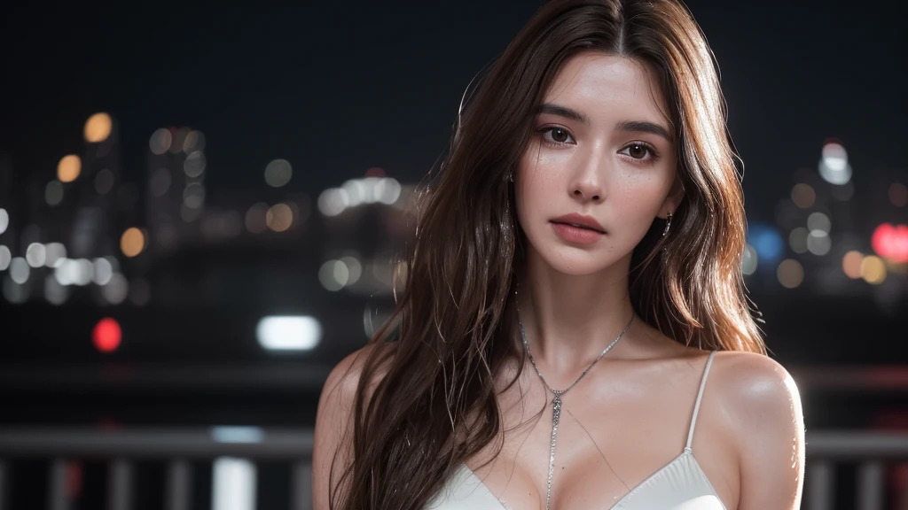 Photo of a 25 year old European girl, RAW, beautiful woman, half-parted strawberry lips, dimples, pensive look, (extremely long wavy brown hair), ((detailed face)), ((detailed facial features) ), (finely detailed skin), pale skin, (high-tech cyberpunk outfit with plunging neckline), cyberpunk megalopolis environment, (cool colors ), wet, wet, reflective, (masterpiece) (perfect proportions)(realistic photo)(best quality) (details) taken on Canon EOS R5, 50mm lens, F/2.8 , HDR, (8k) (wallpaper) (cinematic lighting) (dramatic lighting) (sharp focus) (complex), RAW photo, gigachad photo, camera pose, 8k uhd, dslr, High quality, grain film, Fujifilm XT3