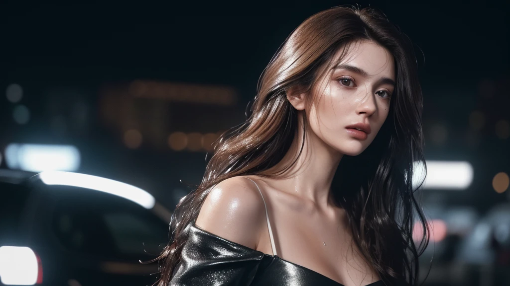 Photo of a 25 year old European girl, RAW, beautiful woman, half-parted strawberry lips, dimples, pensive look, (extremely long wavy brown hair), ((detailed face)), ((detailed facial features) ), (finely detailed skin), pale skin, (high-tech cyberpunk outfit with plunging neckline), cyberpunk megalopolis environment, (cool colors ), wet, wet, reflective, (masterpiece) (perfect proportions)(realistic photo)(best quality) (details) taken on Canon EOS R5, 50mm lens, F/2.8 , HDR, (8k) (wallpaper) (cinematic lighting) (dramatic lighting) (sharp focus) (complex), RAW photo, gigachad photo, camera pose, 8k uhd, dslr, High quality, grain film, Fujifilm XT3