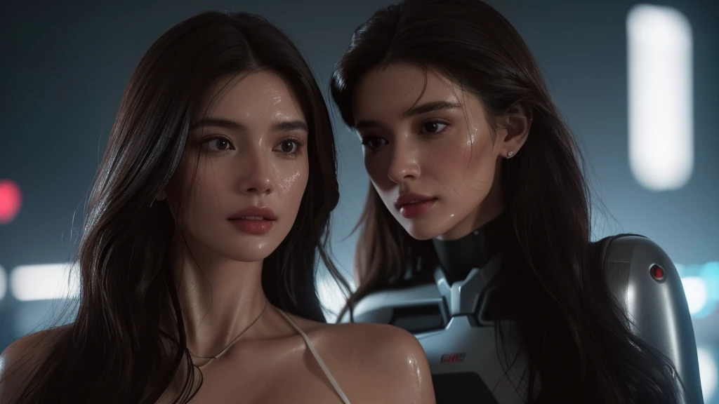 Photo of a 25 year old European girl, RAW, beautiful woman, half-parted strawberry lips, dimples, pensive look, (extremely long wavy brown hair), ((detailed face)), ((detailed facial features) ), (finely detailed skin), pale skin, (high-tech cyberpunk outfit with plunging neckline), cyberpunk megalopolis environment, (cool colors ), wet, wet, reflective, (masterpiece) (perfect proportions)(realistic photo)(best quality) (details) taken on Canon EOS R5, 50mm lens, F/2.8 , HDR, (8k) (wallpaper) (cinematic lighting) (dramatic lighting) (sharp focus) (complex), RAW photo, gigachad photo, camera pose, 8k uhd, dslr, High quality, grain film, Fujifilm XT3