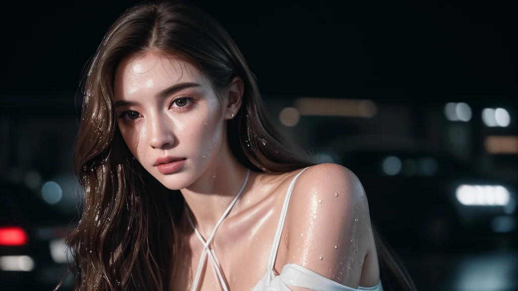 Photo of a 25 year old European girl, RAW, beautiful woman, half-parted strawberry lips, dimples, pensive look, (extremely long wavy brown hair), ((detailed face)), ((detailed facial features) ), (finely detailed skin), pale skin, (high-tech cyberpunk outfit with plunging neckline), cyberpunk megalopolis environment, (cool colors ), wet, wet, reflective, (masterpiece) (perfect proportions)(realistic photo)(best quality) (details) taken on Canon EOS R5, 50mm lens, F/2.8 , HDR, (8k) (wallpaper) (cinematic lighting) (dramatic lighting) (sharp focus) (complex), RAW photo, gigachad photo, camera pose, 8k uhd, dslr, High quality, grain film, Fujifilm XT3