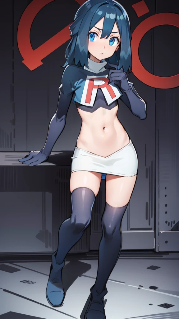 mai, 1girl, breasts, looking at viewer, short hair, blue eyes, black hair, hair ornament,  bow-shaped hair, team rocket,team rocket uniform,white skirt,crop top,black thigh-highs,black elbow gloves,
