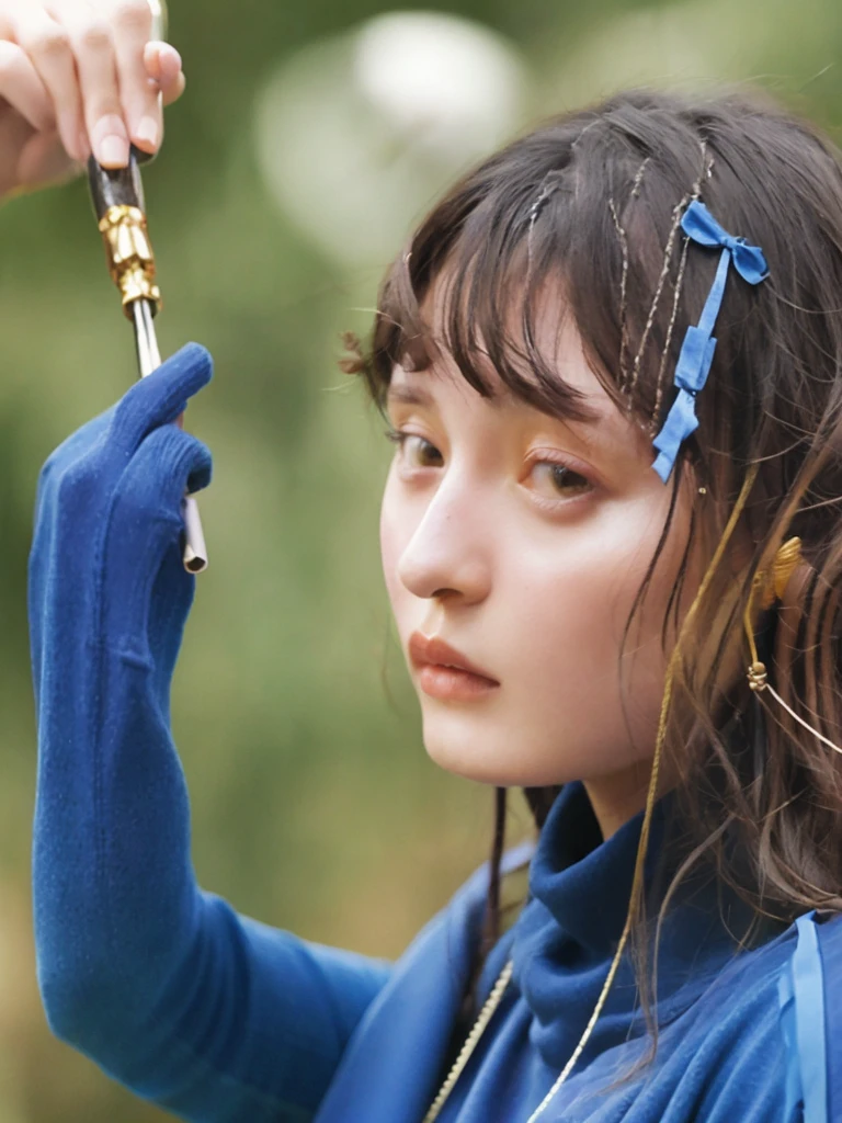 (Surreal), , (High resolution), (8k), (Very detailed), (Best illustrations), (Beautiful and fine details), (Highest quality), (Ultra-detailed), (masterpiece), (Mortar Wallpaper), (Detailed face), garden,Underarm, thick,,,solo,A girl wearing a dark blue long-sleeved turtleneck knit, Sweaty, Japanese, ,Specific Background、Tile Background、Upper Body,Medium Hair、Realistic eyes、Perm Hair、Curly Hair