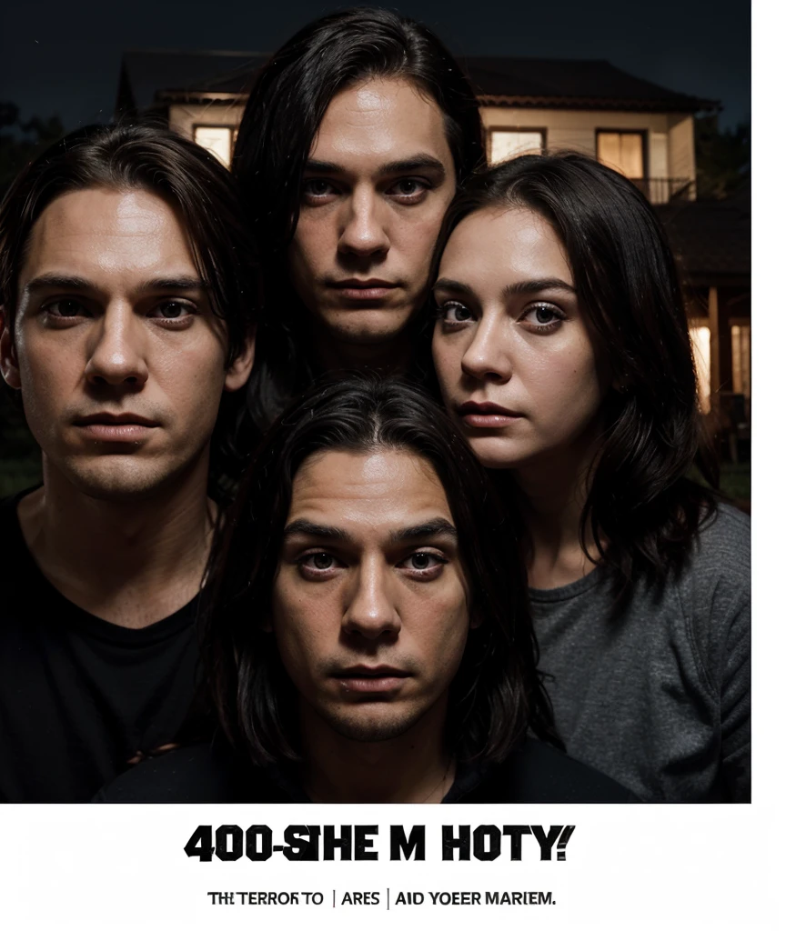 Create a poster for a horror movie that has two 20-year-old boys and two girls and a 40-year-old man with a white mask and a night background with a house
