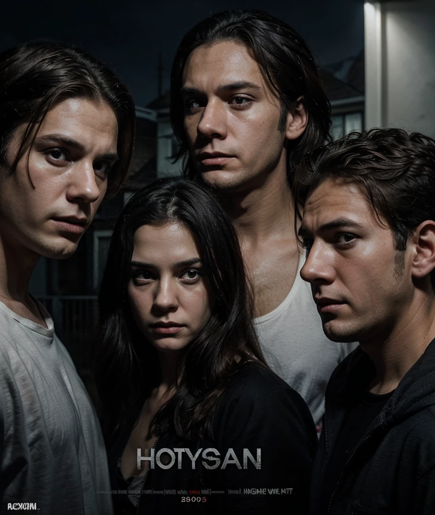 Create a poster for a horror movie that has two 20-year-old boys and two girls and a 40-year-old man with a white mask and a night background with a house