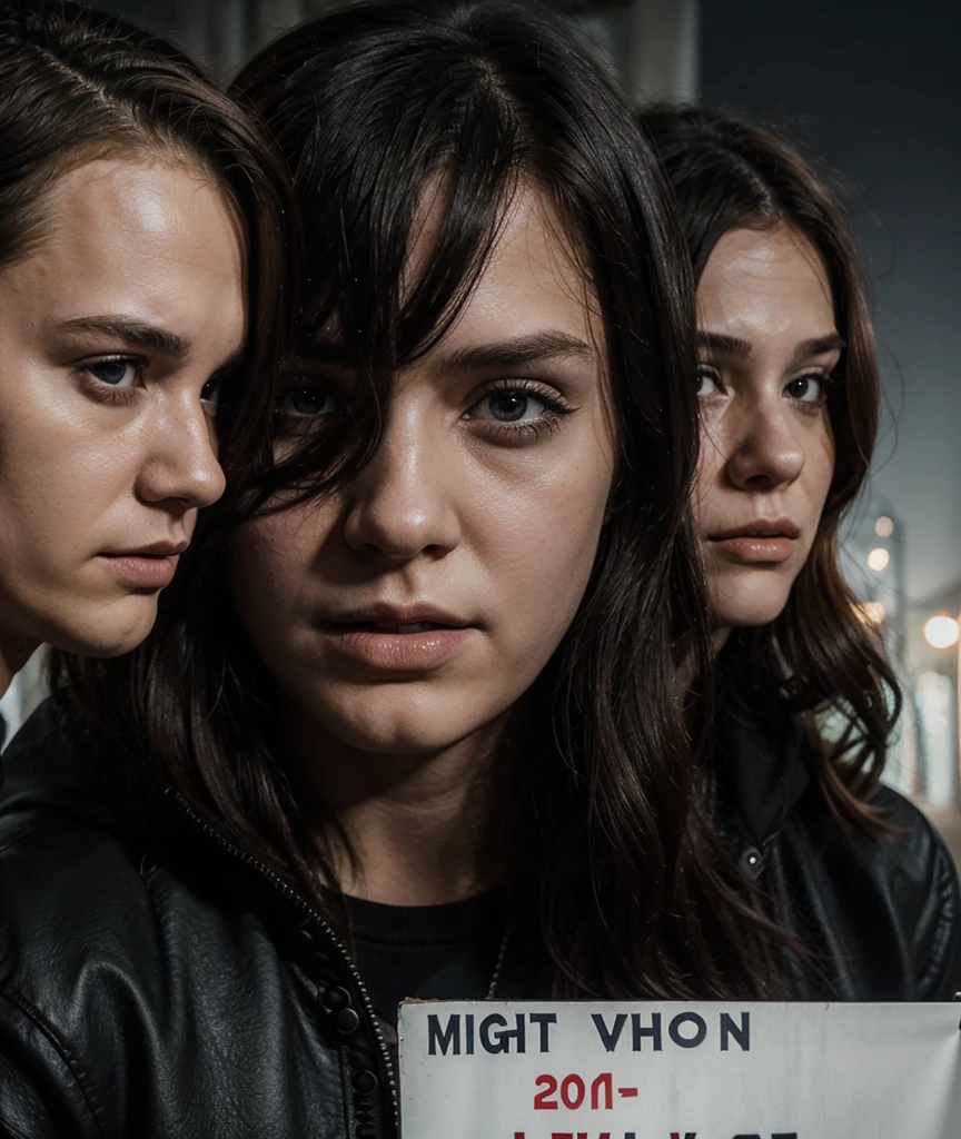 Create a poster for a horror movie that has two 20-year-old boys and two girls and a 40-year-old man with a white mask and a night background with a house