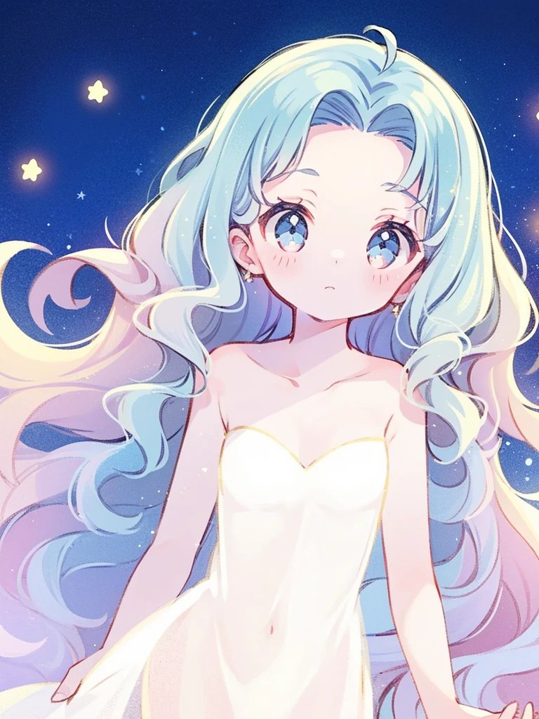 nude angel girl wearing an ethereal translucent dress, pale skin, ((blue mint wavy hair)), white feathers, angel wings, sparkling detailed eyes, golden ratio face, perfect composition, highly detailed, ethereal, (starry night sky background), midjourney style