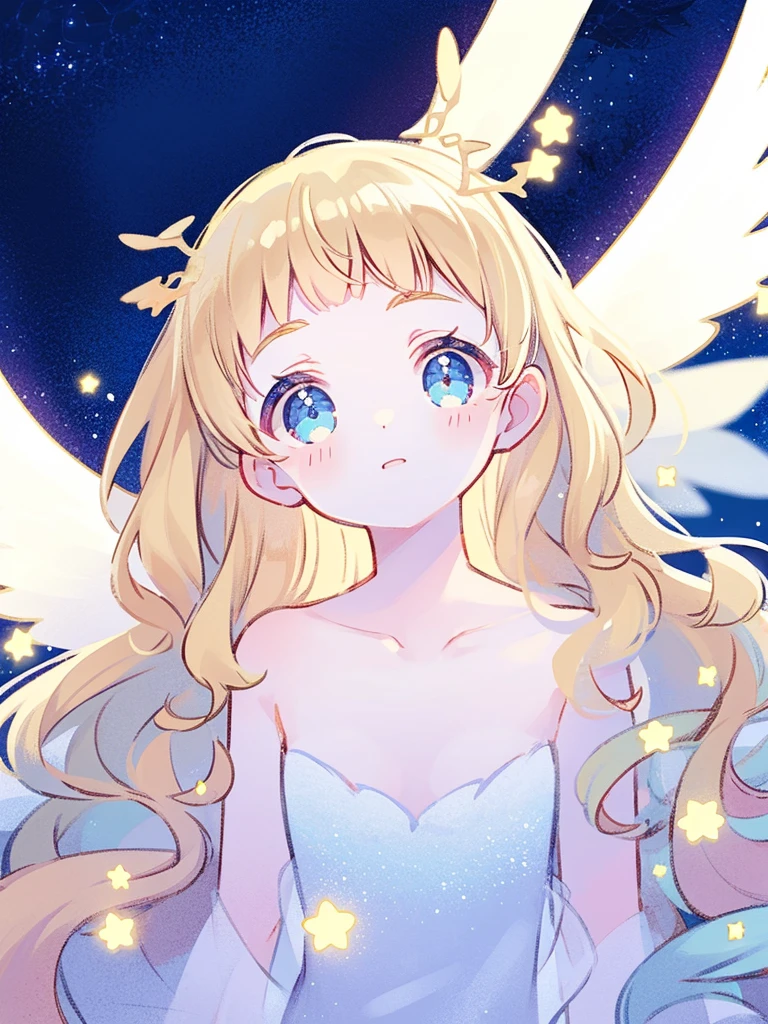 nude angel girl wearing an ethereal translucent dress, pale skin, ((blue mint wavy hair)), white feathers, angel wings, sparkling detailed eyes, golden ratio face, perfect composition, highly detailed, ethereal, (starry night sky background), midjourney style