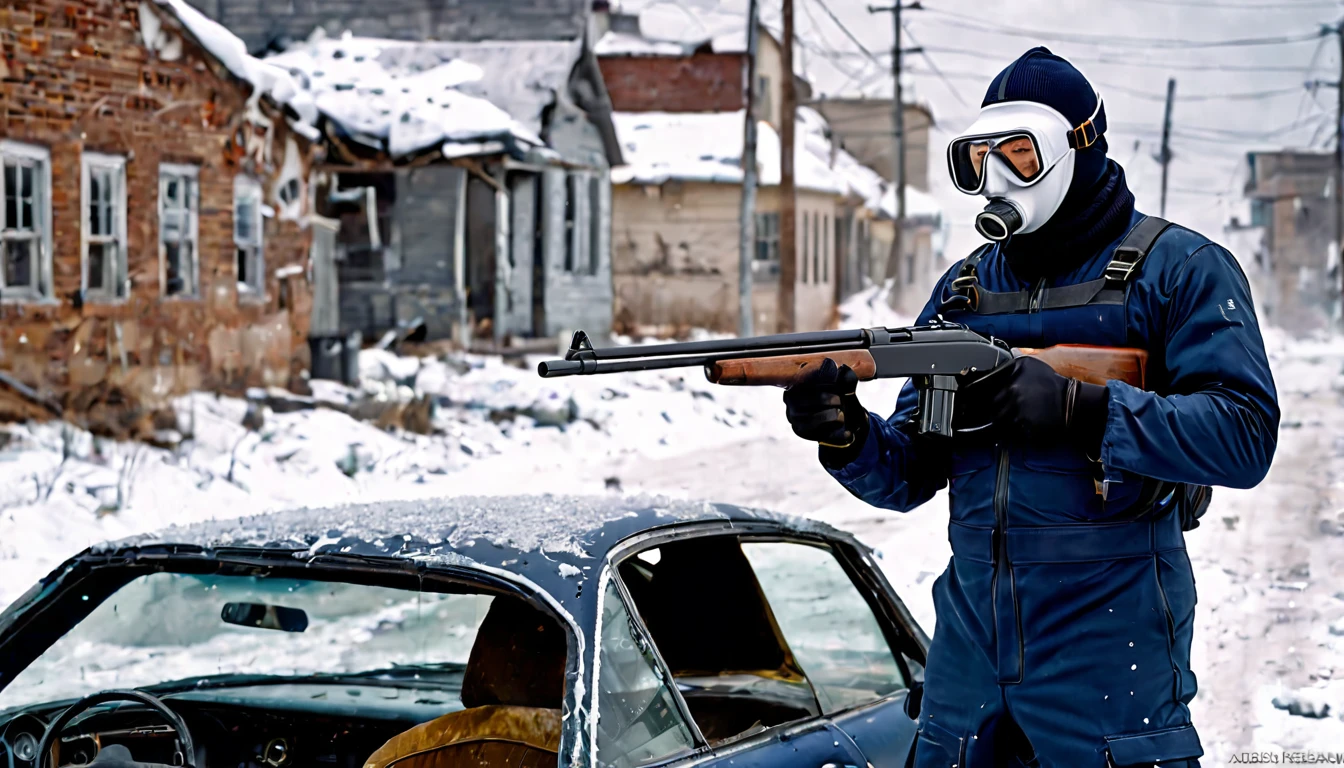 man, dressed in a dark blue jumpsuit, on his head he has a (diving mask with a single visor for both eyes), he is shooting a shotgun on a street in an abandoned city, apocalyptic, winter, everything is snowy, white spores fall in midair, apocalyptic image, desolate image, abandoned cars, hyper realistic 8k, ethereal, photorealistic detailed image, sharp focus, studio photography, xf iq 4, 1 5 0 0 0 0 mp, 5 0 mm, iso 2 0 0 , 1/1 6 0 s, realistic, natural light, octane rendering, adobe lightroom, thirds resolution, symmetrical balance, depth layers, polarizing filter, ..., hd, color optics, ..., hd, color opaque, masterpiece