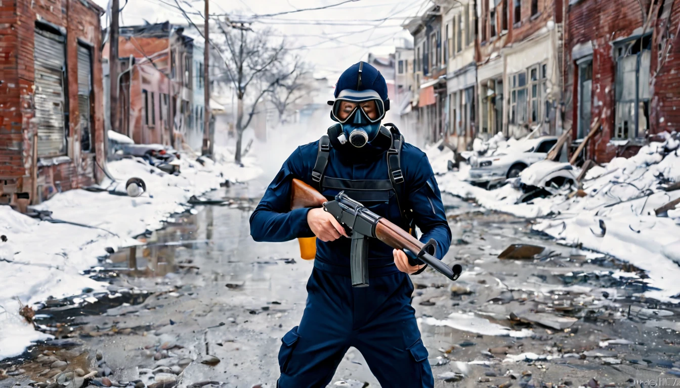 man, dressed in a dark blue jumpsuit, on his head he has a (diving mask with a single visor for both eyes), he is shooting a shotgun on a street in an abandoned city, apocalyptic, winter, everything is snowy, white spores fall in midair, apocalyptic image, desolate image, abandoned cars, hyper realistic 8k, ethereal, photorealistic detailed image, sharp focus, studio photography, xf iq 4, 1 5 0 0 0 0 mp, 5 0 mm, iso 2 0 0 , 1/1 6 0 s, realistic, natural light, octane rendering, adobe lightroom, thirds resolution, symmetrical balance, depth layers, polarizing filter, ..., hd, color optics, ..., hd, color opaque, masterpiece