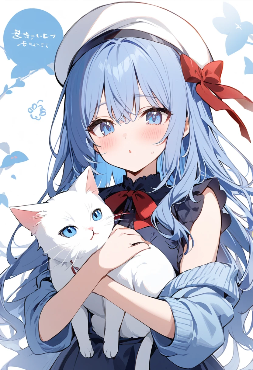 One Girl、Navy Blue Hair、Light blue eyes、Shoulder-length hair、Wearing a white beret、Holding a white cat、She is wearing a navy blue cardigan、A red ribbon is attached to the chest of the dress、、White background