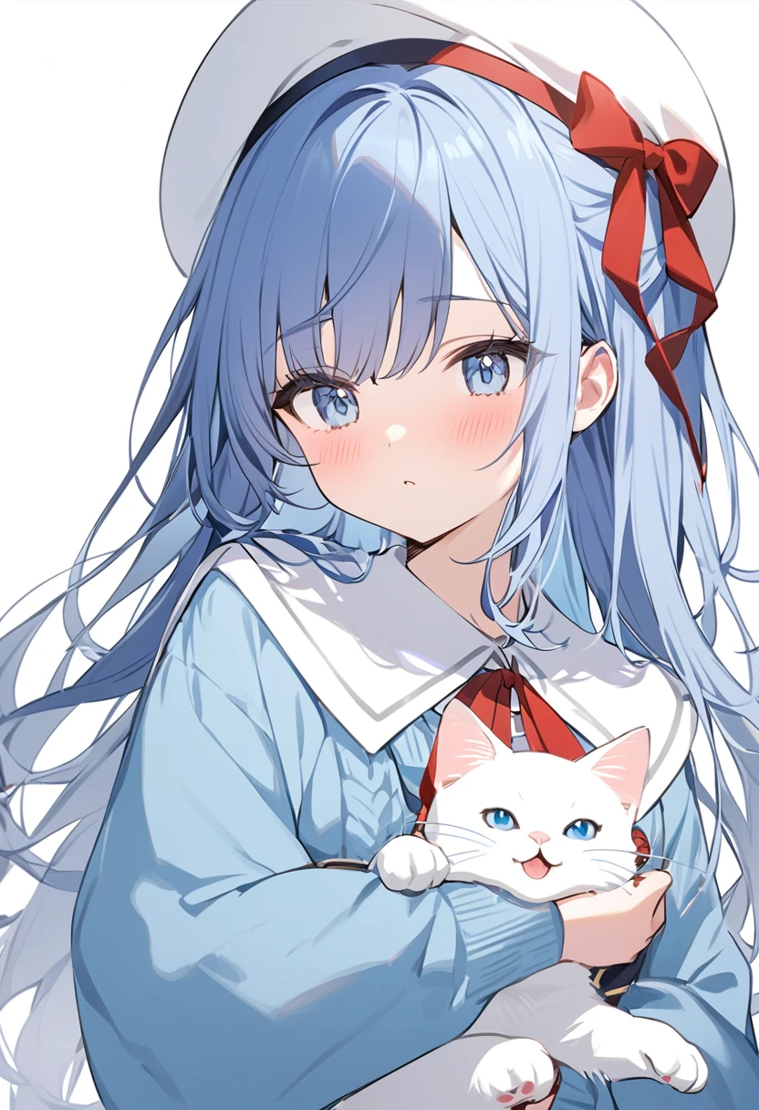 One Girl、Navy Blue Hair、Light blue eyes、Shoulder-length hair、Wearing a white beret、Holding a white cat、She is wearing a navy blue cardigan、A red ribbon is attached to the chest of the dress、、White background