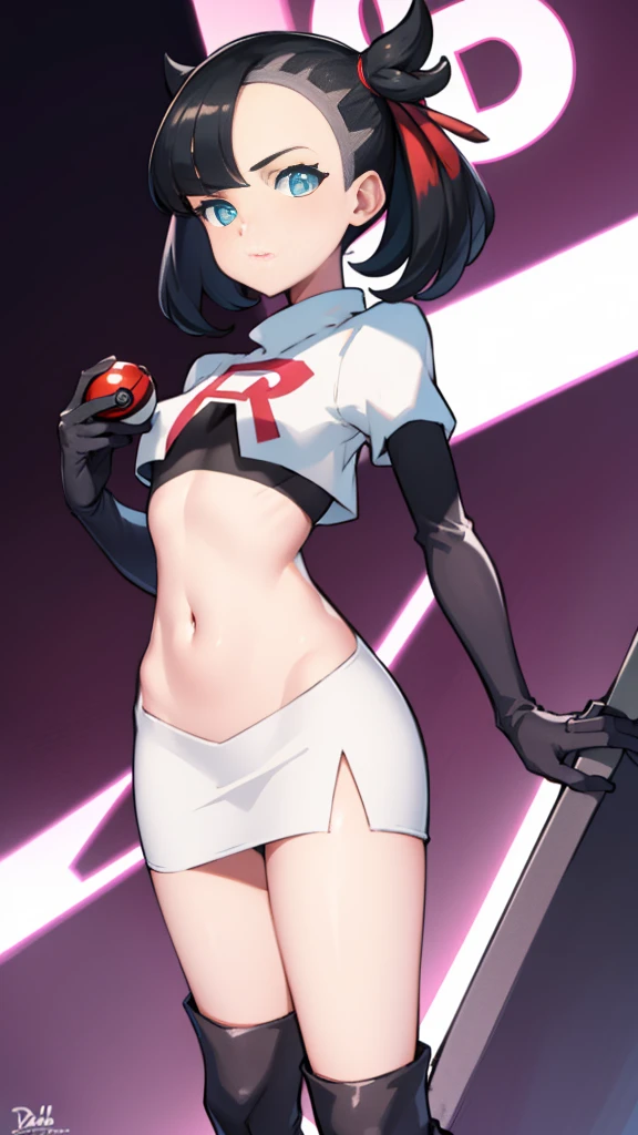 pokemon marnie, pokemon marnie, Green eyes, black fur, short hair, of collections, (small breasts:1.2),
Team Rocket,Team Rocket uniform, red letter R, White skirt,White crop top,black thigh high stockings,black elbow length gloves BREAK looking at viewer,
BREAK (Masterpiece:1.2), Best Quality, high resolution, unity wallpaper 8k, (illustration:0.8), (Beautiful detailed eyes:1.6), extremely detailed face, perfect lighting, Extremely detailed CG, (perfect hands, perfect anatomy),(a Pokeball in his hand)