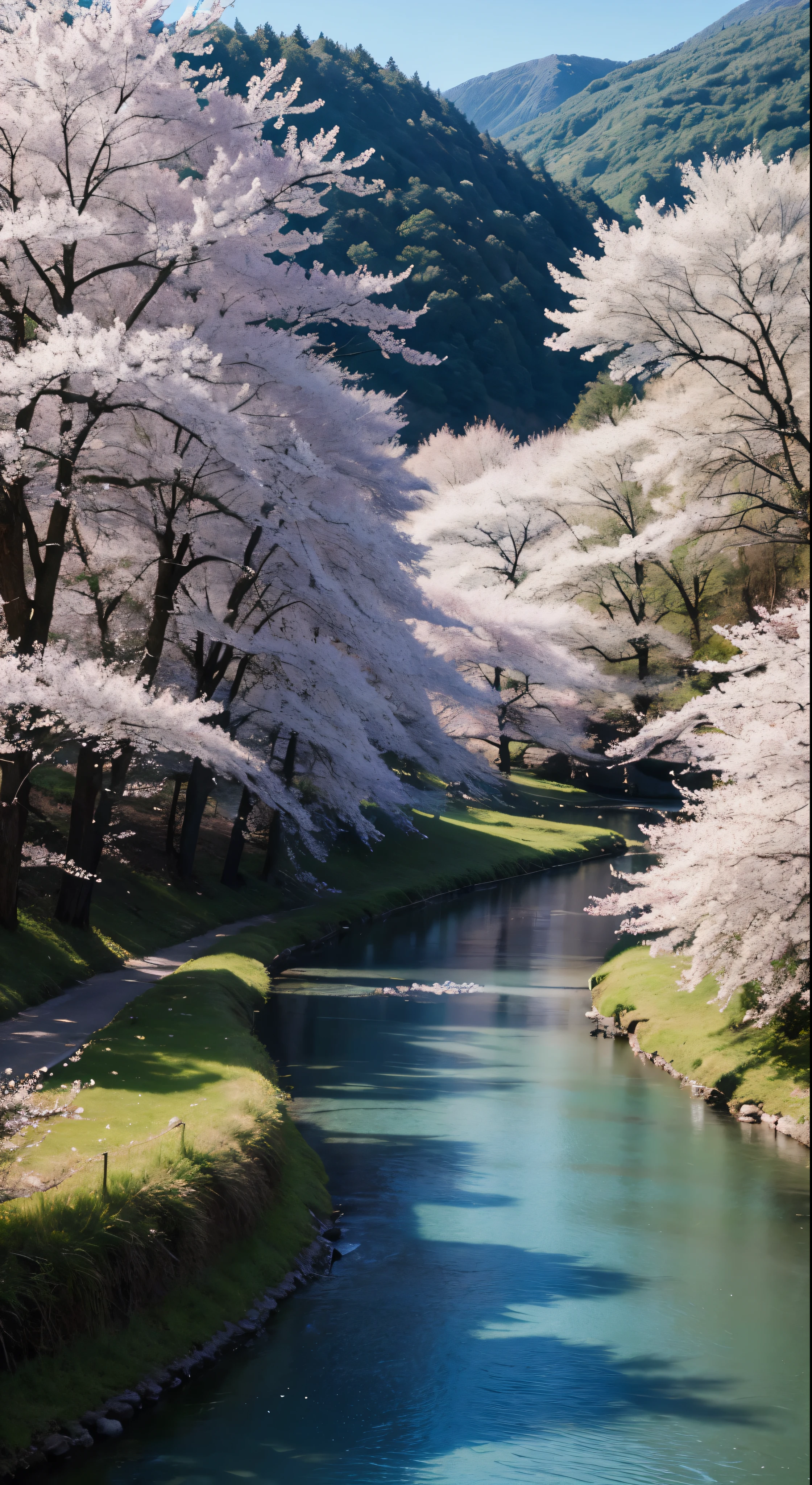 Draw a river with a small village, anime beautiful peace scene, very beautiful landscape, landscape artwork, landscape art detail, very beautiful digital art, beauty of natural landscape, beautiful art UHD 4 K, very beautiful photos, beautiful nature, landscape wallpaper, really beautiful nature, beautiful digital artwork, beautiful background, cherry blossom trees, anime style