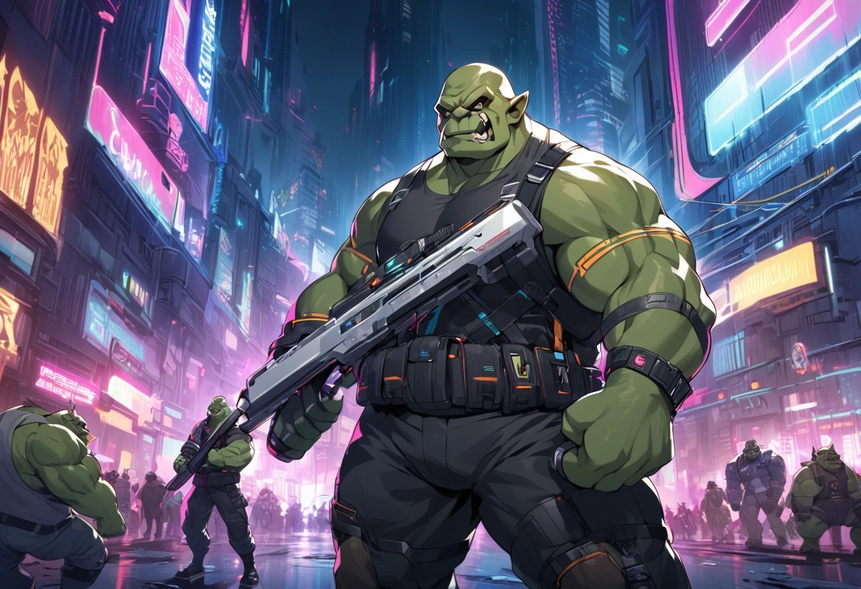 Action scene with a bulky male orc, cyberpunk fashion, augmentations, wielding sawn-off shotgun in right hand, wielding modernized macuahuitl in left hand, cyberpunk background