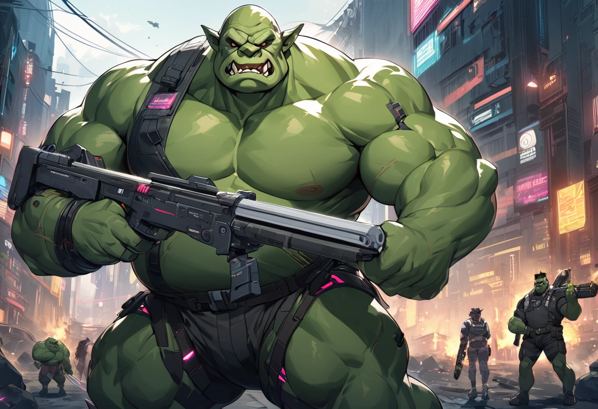 Action scene with a bulky male orc, cyberpunk fashion, augmentations, wielding sawn-off shotgun in right hand, wielding modernized macuahuitl in left hand, cyberpunk background
