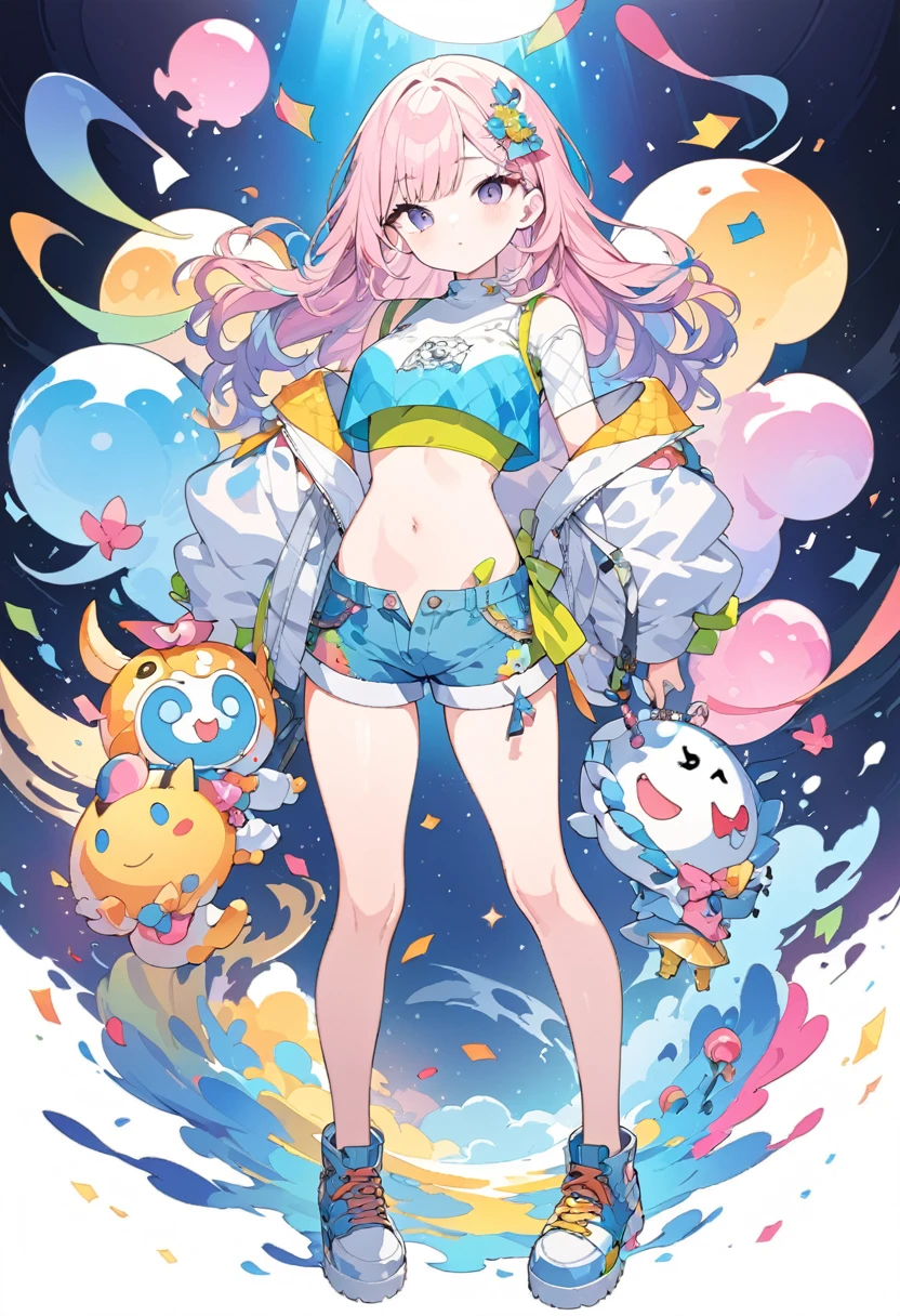 Momoko Sakura Style、8K quality、Intense watercolor,, Watercolor splash, Surreal, Avant-garde pop art, Beautiful and expressive paintings, Beautiful artwork illustration, Very colorful tones, wonderful, Cool Beauty, Highest quality、Official Art, Vector art, Stylish design, (((The most beautiful girl))), (Confetti),((Thin legs))、(((Highest quality))), High resolution, ((detailed)), (((Doodle Art)), ((masterpiece)), ((Super detailed)),(((Crop top,Shorts))),,(Sexual)