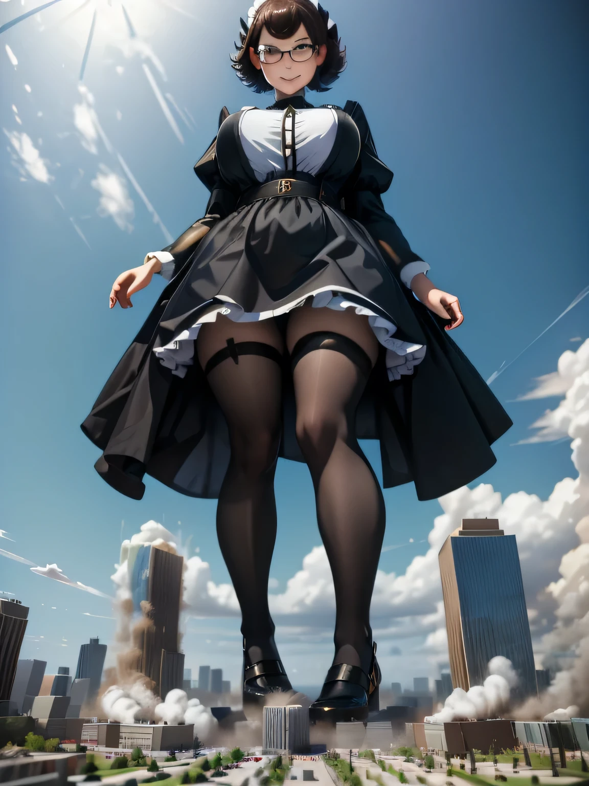 multiple girls, giantess art, highly detailed giantess shots, giantess, most detailed, perfect face, Two legs, Five fingers, short hair, A beautiful girl who is bigger than a skyscraper, Wearing rimless glasses, smile, huge breasts, Maid clothes, Black Pantyhose, no shoes on, toes visible through pantyhose, Steam coming out from the soles of my feet, Destroying cities, Under heavy attack, A very small big city, Miniature metropolis, Full body description, GTS, giga giantess, stomping city, crash city, tiny city, micro city, pantyhose feet, High resolution, highest quality, masterpiece, 