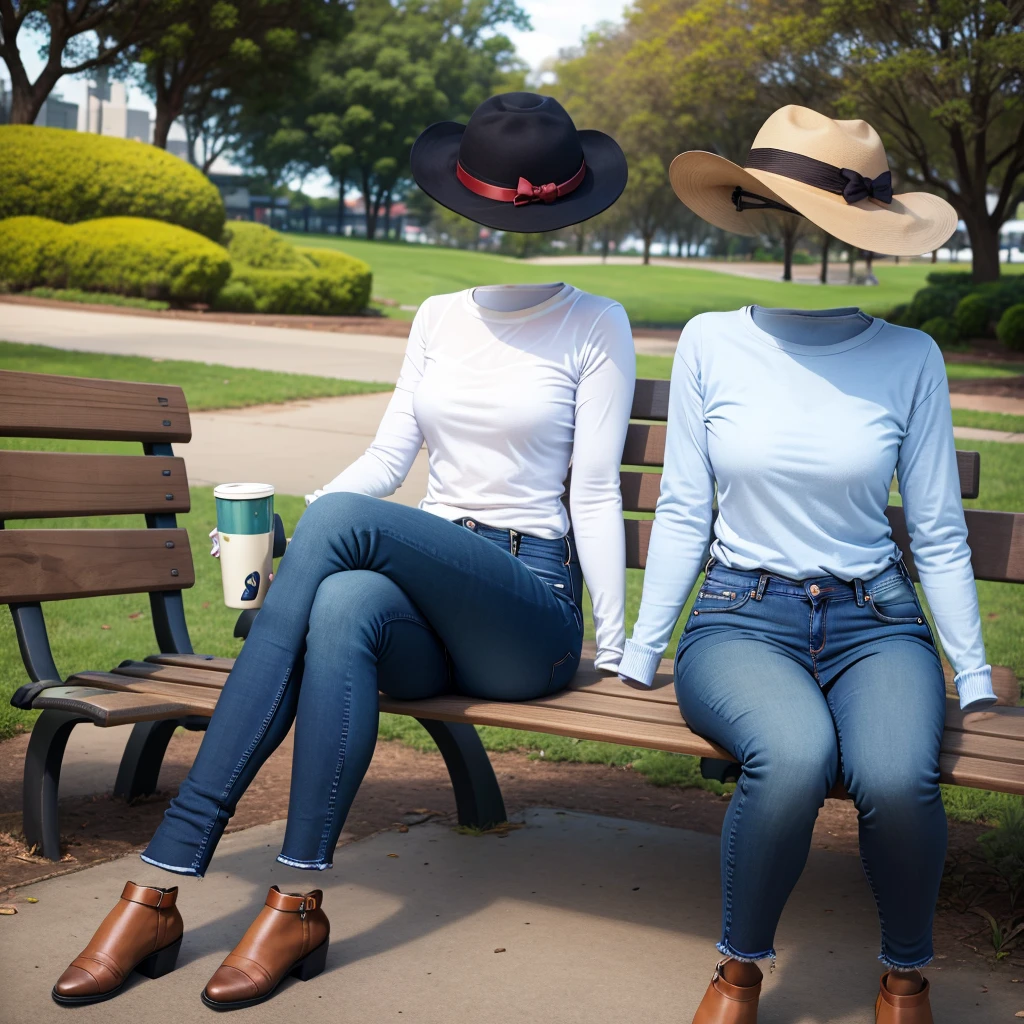 a pair of jeans worn by an invisible girl, sitting in a park bench, masterpiece