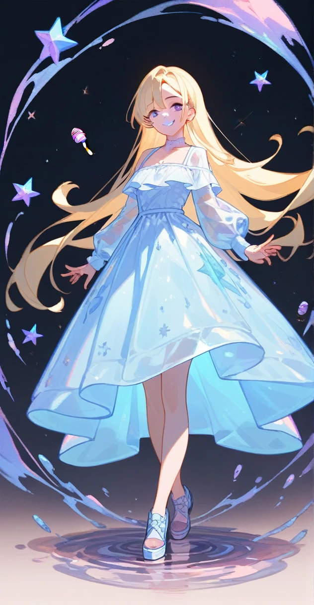 (slime girl:0.6),full_body,((translucent_skin)),(((light blue transparent skin)))13 year girl with long blonde hair and purple eyes with a purple lollipop and a pastel purple and white dress with black buckled shoes smiling and standing onna purple star (masterpiece, best quality),(score_9,score_8_up,score_7_up,score_6_up,score_5_up,score_4_up)