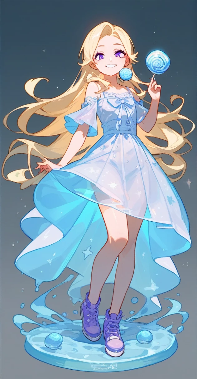 (slime girl:0.6),full_body,((translucent_skin)),(((light blue transparent skin)))13 year girl with long blonde hair and purple eyes with a purple lollipop and a pastel purple and white dress with black buckled shoes smiling and standing onna purple star (masterpiece, best quality),(score_9,score_8_up,score_7_up,score_6_up,score_5_up,score_4_up)