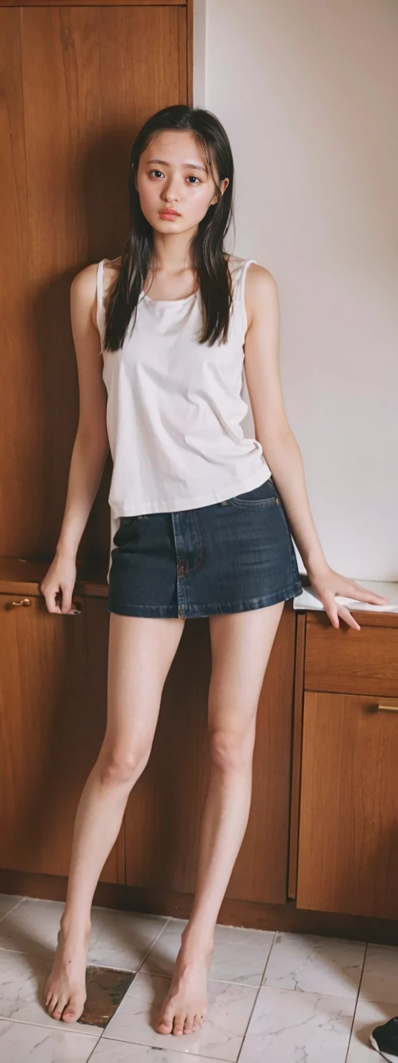 Open shirt, (((Leaning forward))), ((,Round face, Around ,mini skirt、loose tank top)),  Long Hair, , Natural Makeup, Lips become thicker, Sexy Gaze, barefoot, ((Raise one leg)),  Shooting from below,Gentle expression ,((Extremely precise and accurate anatomy)),  (masterpiece:1.43), Perfect Proportions, Realistic photos, Full Shot, whole body, (height: 165cm), 