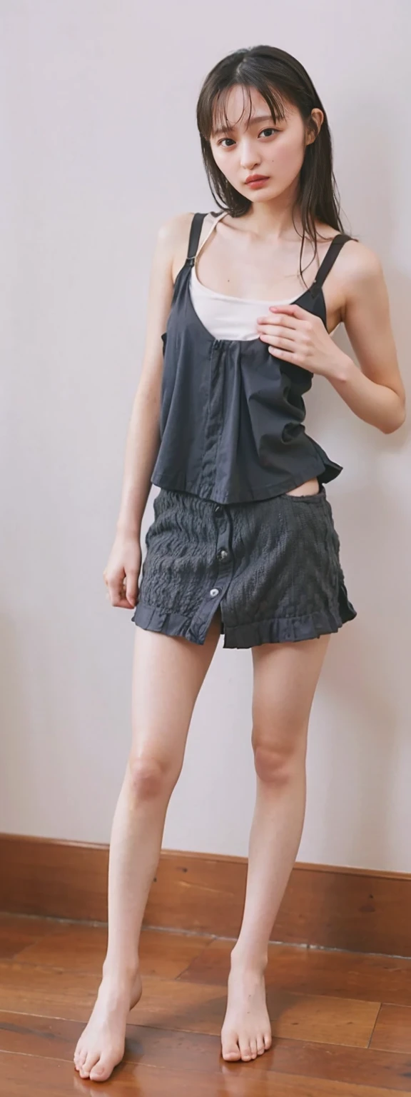 Open shirt, (((Leaning forward))), ((,Round face, Around ,mini skirt、loose tank top)), Long Hair, , Natural Makeup, Lips become thicker, Sexy Gaze, barefoot, ((Raise one leg)), Shooting from below,Gentle expression ,((Extremely precise and accurate anatomy)), (masterpiece:1.43), Perfect Proportions, Realistic photos, Full Shot, whole body, (height: 165cm),