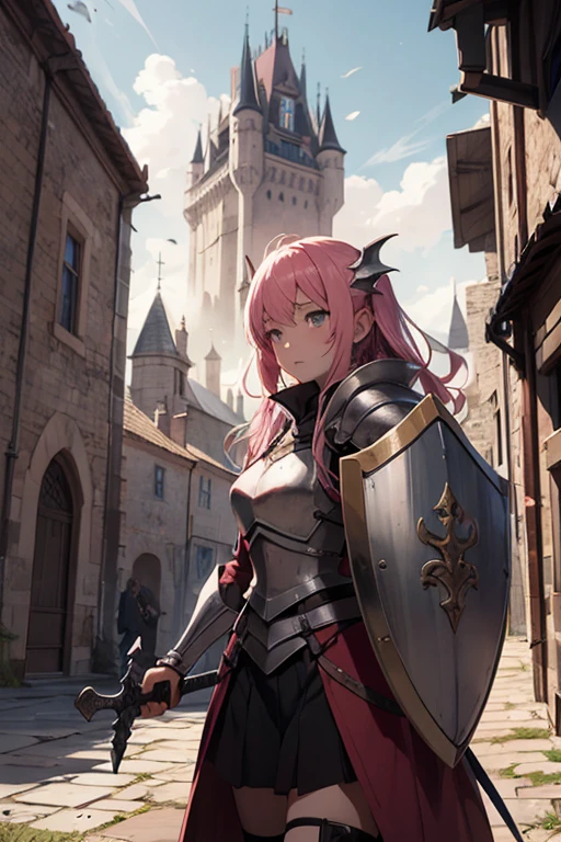 anime girl in dark pink armor with a sword and shield being 20 years old in a medieval landscape with the shield raised and a castle in the distance and a dragon breathing fire and a knight at the castle entrance