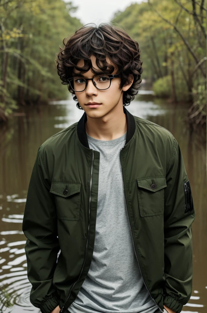 Generate image of Anime boy with black frame glasses and curly brown hair, with forward bangs, Brown eyes. He wears a black shirt under a swamp green jacket with an open zipper